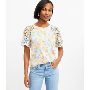 WOMEN LOFT Hydrangea‎ Eyelet Flutter Sleeve Tee 100% Cotton Size Small